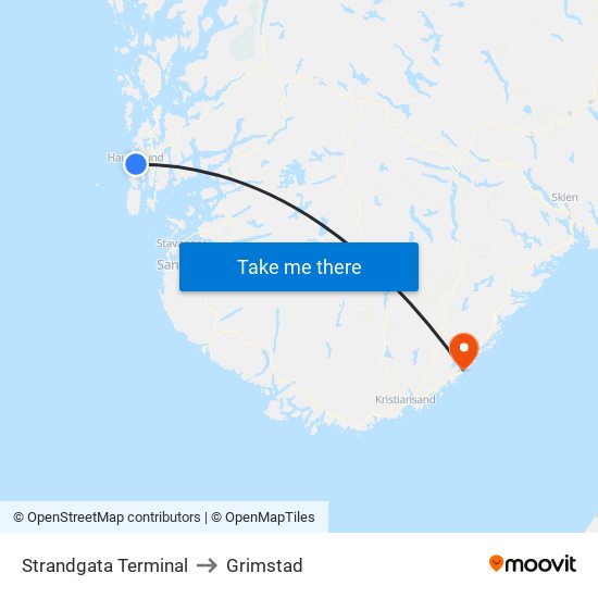 Strandgata Terminal to Grimstad map