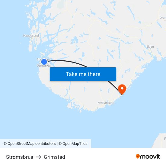 Strømsbrua to Grimstad map