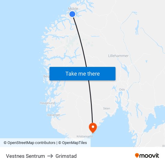 Vestnes Sentrum to Grimstad map