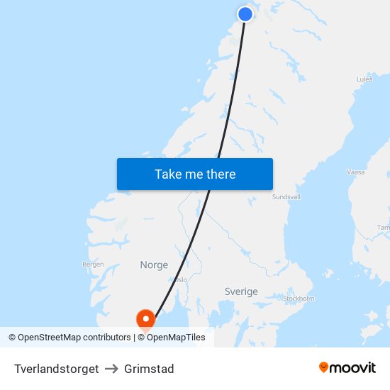Tverlandstorget to Grimstad map