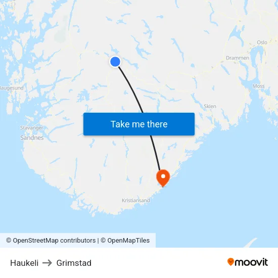 Haukeli to Grimstad map