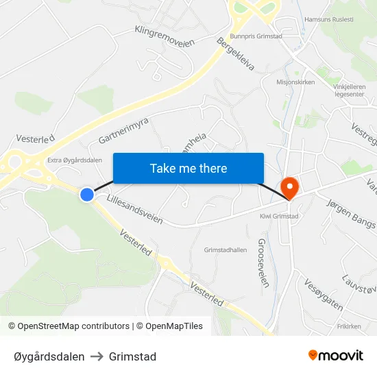 Øygårdsdalen to Grimstad map