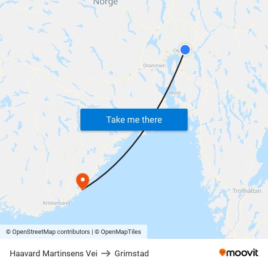 Haavard Martinsens Vei to Grimstad map