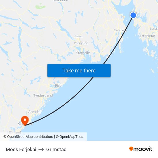 Moss Ferjekai to Grimstad map