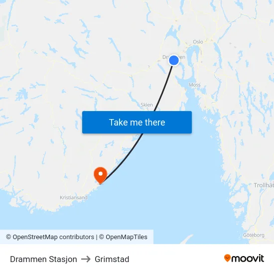 Drammen Stasjon to Grimstad map