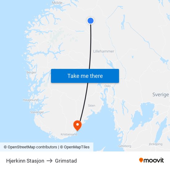 Hjerkinn Stasjon to Grimstad map
