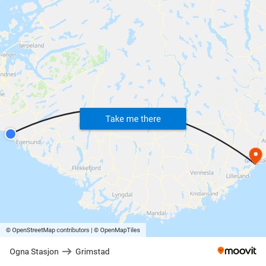 Ogna Stasjon to Grimstad map