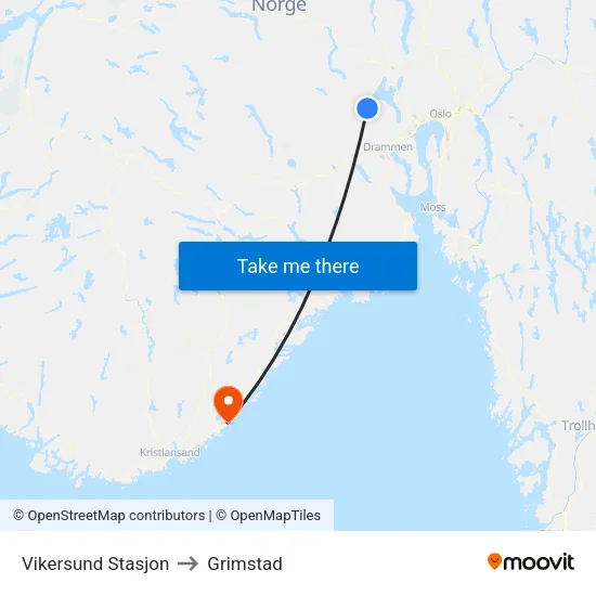 Vikersund Stasjon to Grimstad map