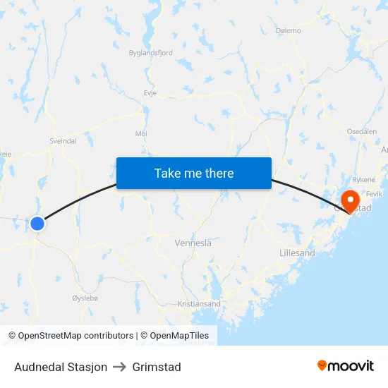 Audnedal Stasjon to Grimstad map