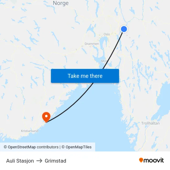 Auli Stasjon to Grimstad map