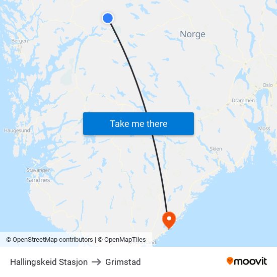 Hallingskeid Stasjon to Grimstad map