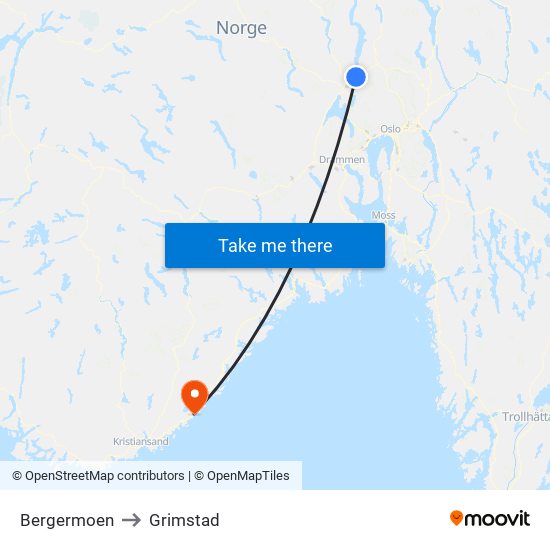 Bergermoen to Grimstad map