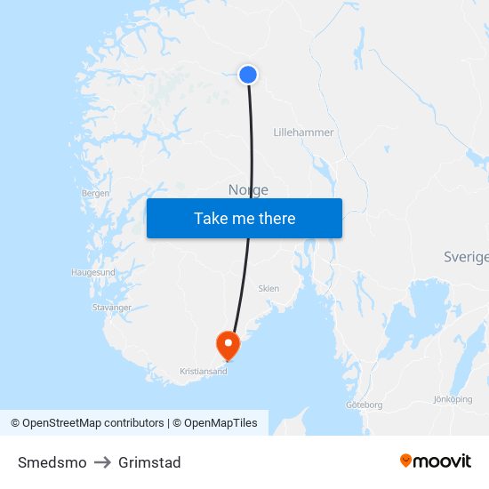 Smedsmo to Grimstad map