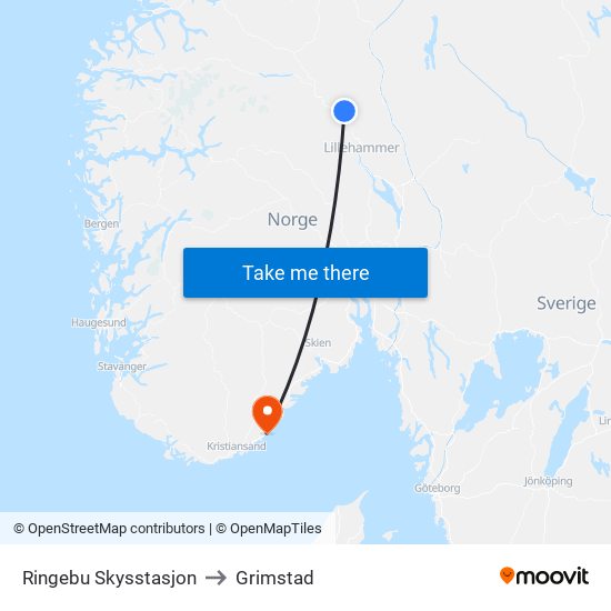 Ringebu Skysstasjon to Grimstad map