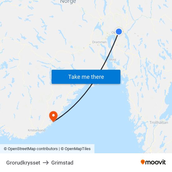 Grorudkrysset to Grimstad map