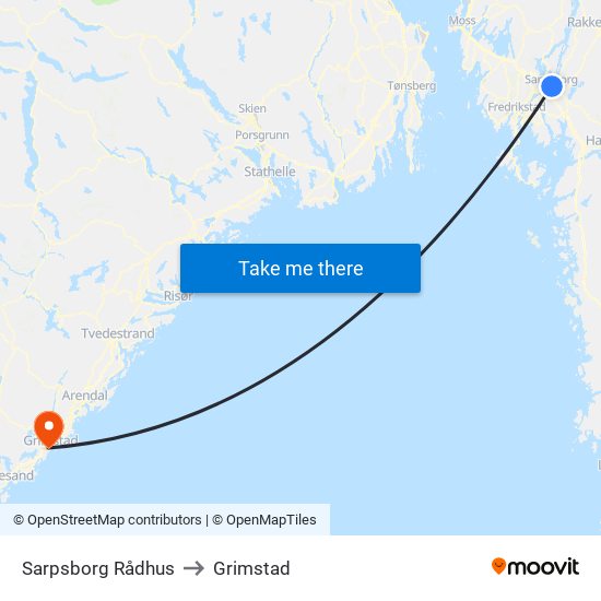 Sarpsborg Rådhus to Grimstad map