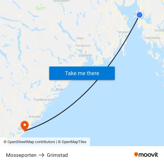 Mosseporten to Grimstad map