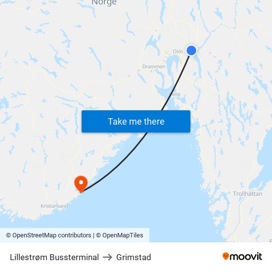 Lillestrøm Bussterminal to Grimstad map