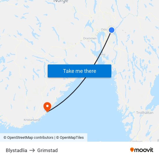 Blystadlia to Grimstad map