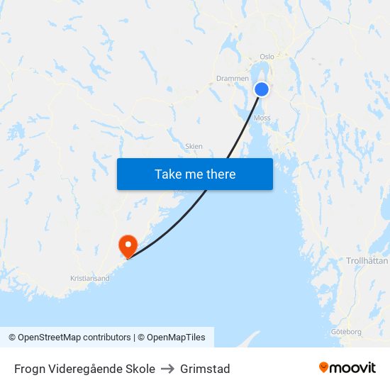 Frogn Videregående Skole to Grimstad map