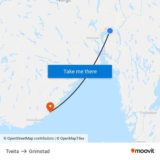 Tveita to Grimstad map