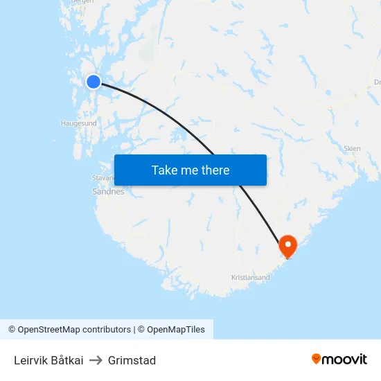 Leirvik Båtkai to Grimstad map