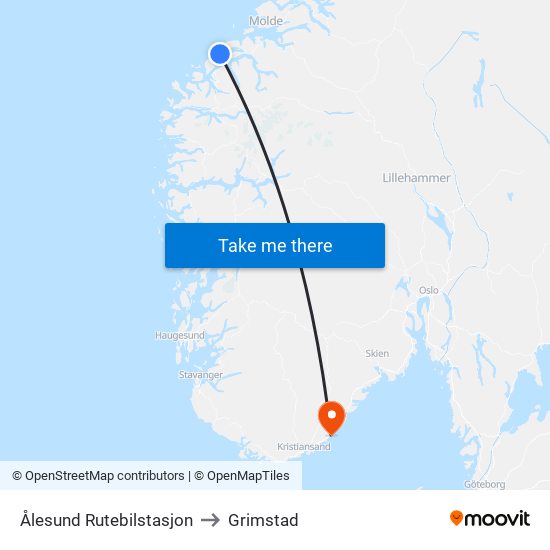 Ålesund Rutebilstasjon to Grimstad map