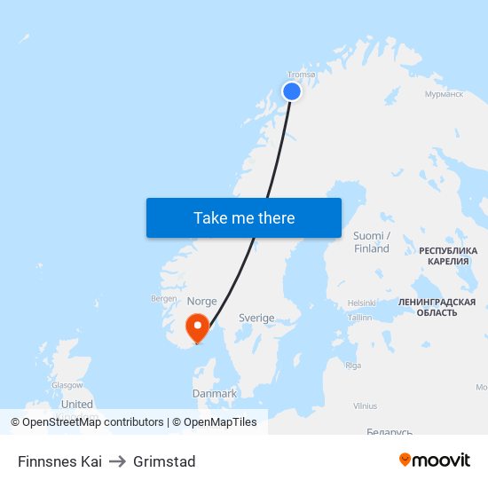 Finnsnes Kai to Grimstad map