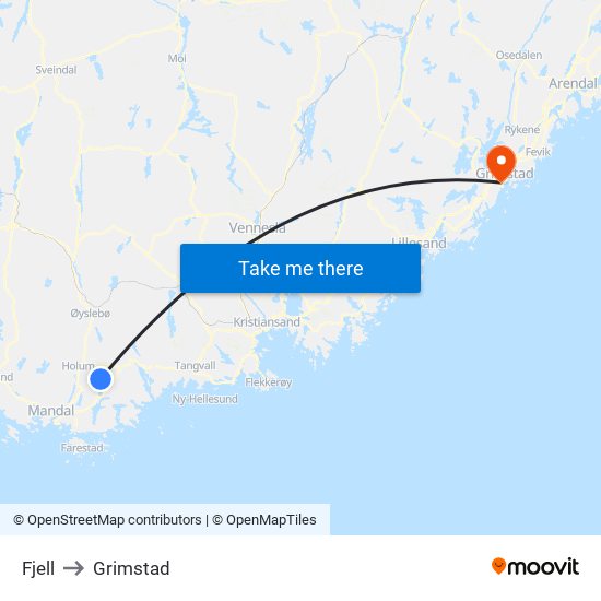 Fjell to Grimstad map