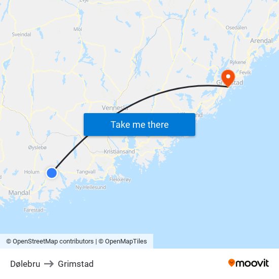 Dølebru to Grimstad map