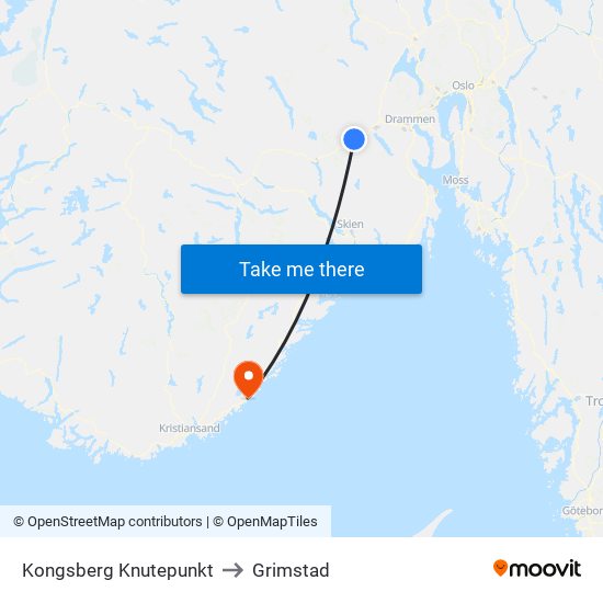 Kongsberg Knutepunkt to Grimstad map