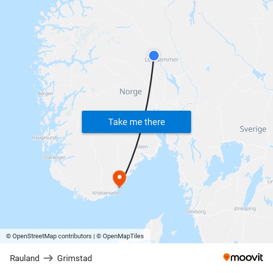 Rauland to Grimstad map