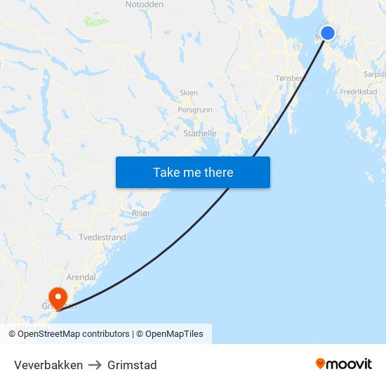 Veverbakken to Grimstad map