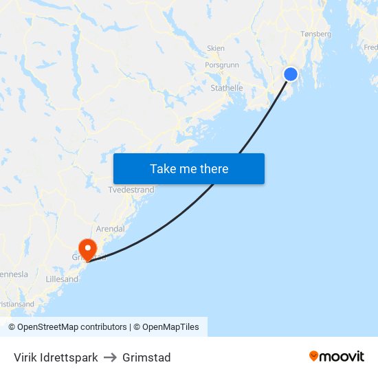 Virik Idrettspark to Grimstad map