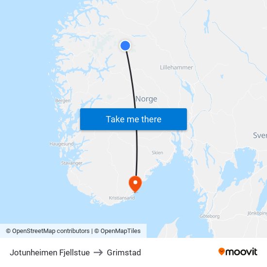 Jotunheimen Fjellstue to Grimstad map