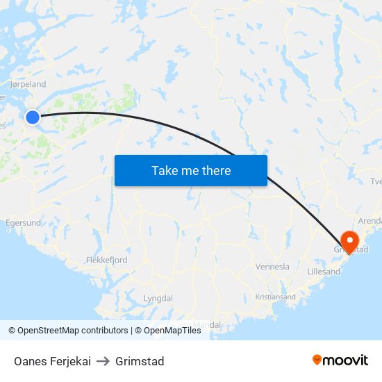 Oanes Ferjekai to Grimstad map