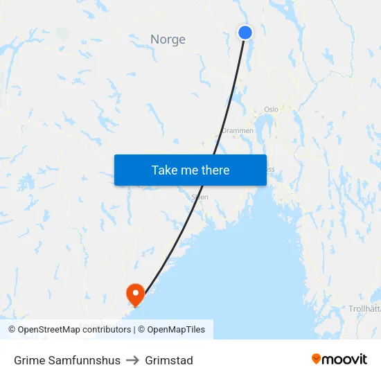 Grime Samfunnshus to Grimstad map