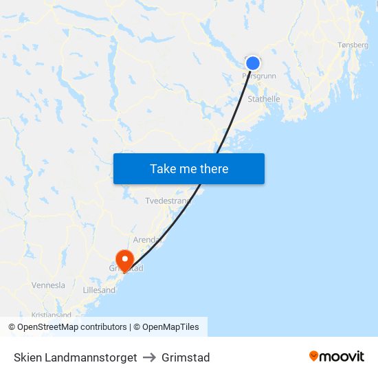 Skien Landmannstorget to Grimstad map