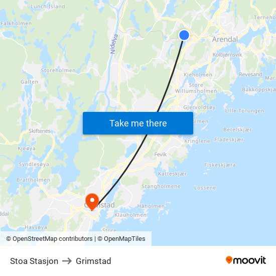 Stoa Stasjon to Grimstad map