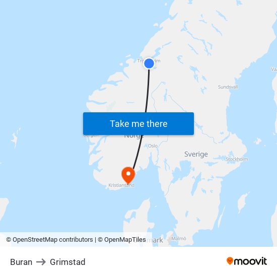 Buran to Grimstad map