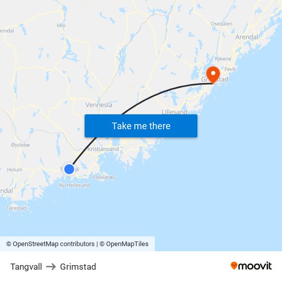 Tangvall to Grimstad map