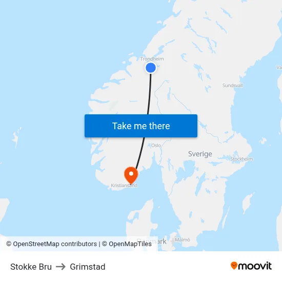 Stokke Bru to Grimstad map