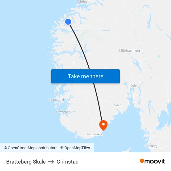 Bratteberg Skule to Grimstad map