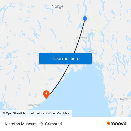 Kistefos Museum to Grimstad map