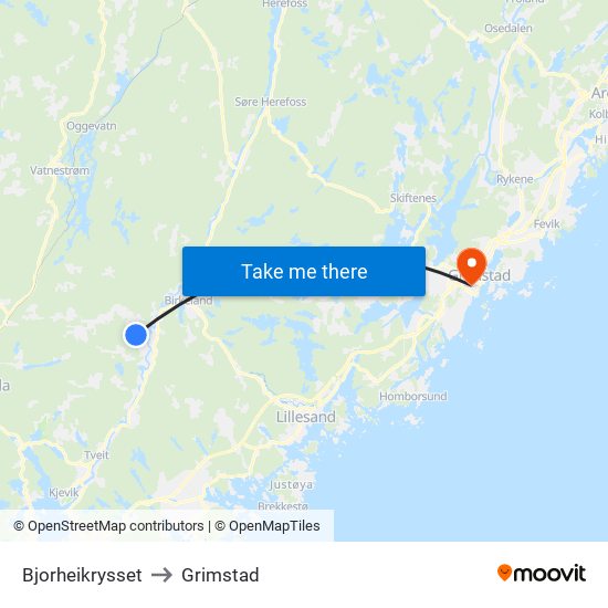 Bjorheikrysset to Grimstad map