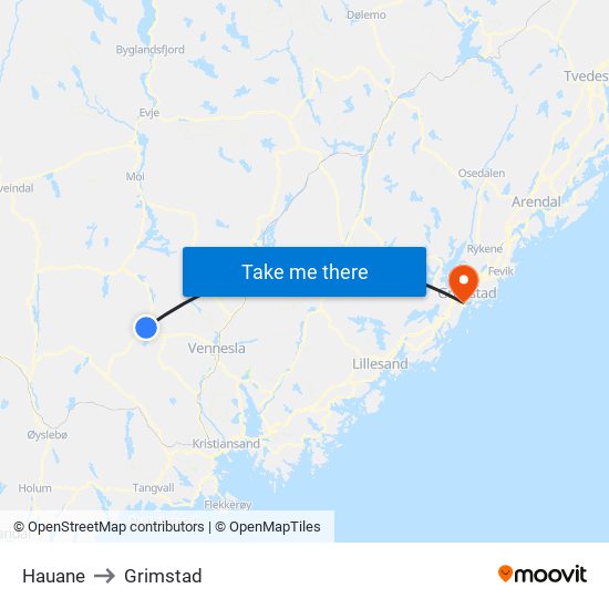 Hauane to Grimstad map