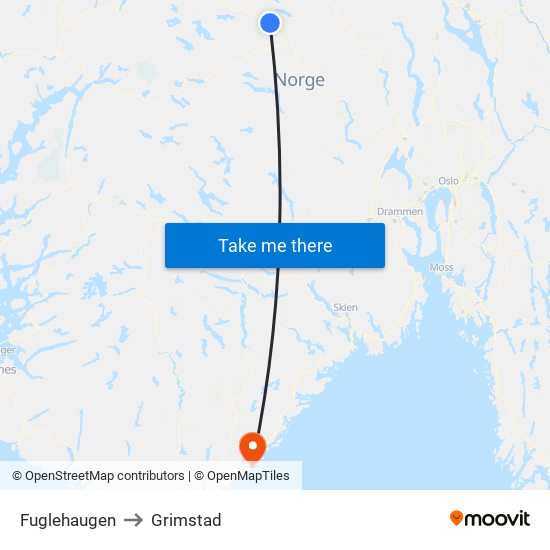 Fuglehaugen to Grimstad map