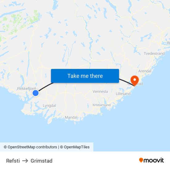 Refsti to Grimstad map