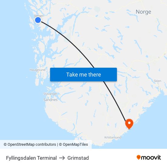 Fyllingsdalen Terminal to Grimstad map