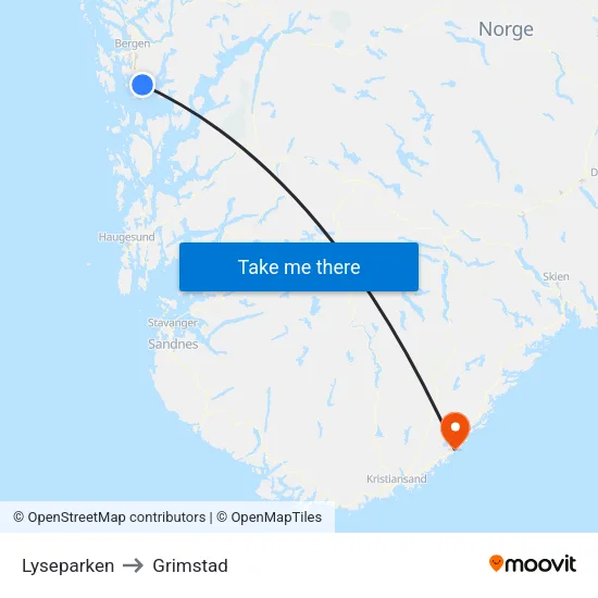 Lyseparken to Grimstad map